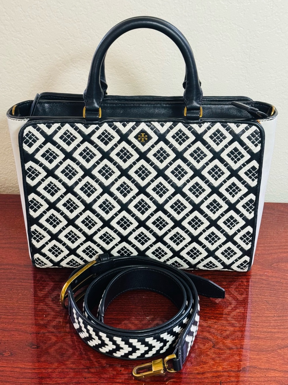 Tory Burch Black & White Geometric Tote with Removable Strap